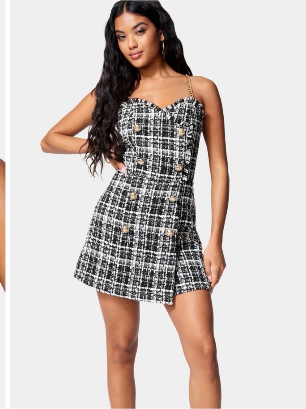 bebe Black and White Tweed Romper with Gold Chain Straps